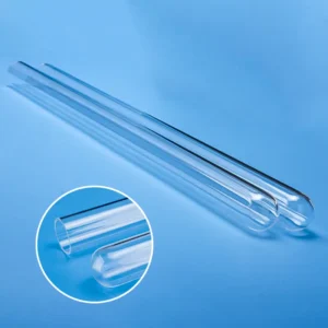 Clear quartz glass sleeves with rounded ends, showcasing the smooth surface and open-end detail, suitable for UV lamp protection.