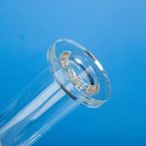 Close-up view of the polished flange end of a clear quartz tube, showcasing the precise circular edge and smooth finish.