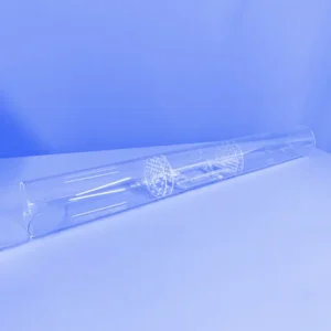 A long, clear quartz tube containing an internal quartz gas diffuser with perforated discs, designed for gas distribution in a furnace.