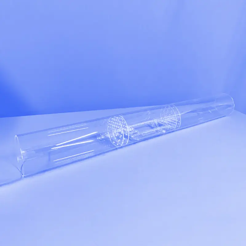 Quartz Gas Diffuser | Fused Silica Furnace Tube Gas Distributor 1 A long, clear quartz tube containing an internal quartz gas diffuser with perforated discs, designed for gas distribution in a furnace.