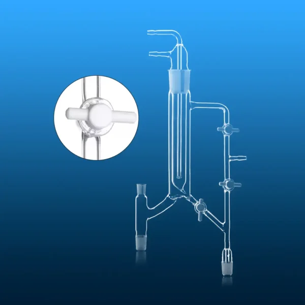 Close-up view of the quartz fractionating distillation head assembly, highlighting a detailed white glass stopcock mechanism with a magnified inset.