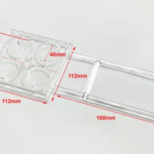 A clear quartz 4-cavity sample holder with precise dimensions marked, showing its overall size (112mm x 112mm) and handle length (160mm).
