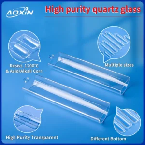 Two clear quartz boats displaying features such as high purity, transparency, multiple sizes, different bottom designs, and resistance to 1200°C, acid, and alkali.
