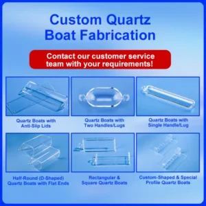 A grid showcasing different custom quartz boat fabrications, including options with anti-slip lids, two handles/lugs, single handle/lug, half-round, rectangular/square, and other custom shapes.