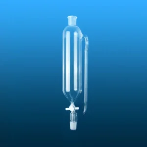 A clear quartz pressure-equalizing dropping funnel shown upright, displaying its main body, pressure equalizing tube, and lower ground joint.