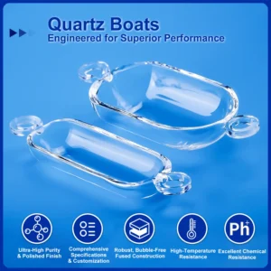 Two clear double-ear quartz boats highlighting their superior performance attributes: ultra-high purity, polished finish, comprehensive specifications/customization, robust bubble-free fused construction, high-temperature resistance, and excellent chemical resistance.