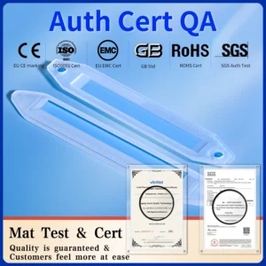 High-purity custom quartz sample boats displayed alongside quality certifications including CE, ISO 9001, EMC, GB, RoHS, and SGS.