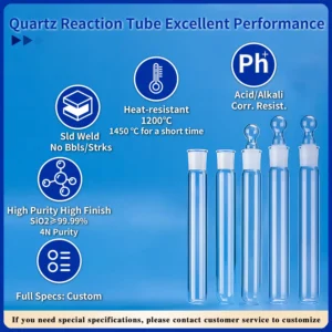 Quartz reaction tube excellent performance icons: solid weld without bubbles/strikes, heat resistance up to 1200°C (1450°C short-term), acid/alkali corrosion resistance, high purity (4N), and full custom specifications.