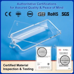 A clear quartz process boat with its lid, displayed alongside authoritative certifications including CE, ISO 9001, EMC, GB, RoHS, and SGS, confirming certified material inspection and testing.
