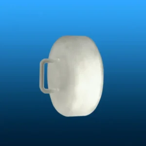 A solid, light-colored cylindrical quartz thermal block or plug with two small top holes, positioned on a blue background.