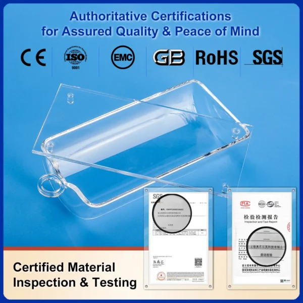 A clear quartz process boat with its lid, displayed alongside authoritative certifications including CE, ISO 9001, EMC, GB, RoHS, and SGS, confirming certified material inspection and testing.