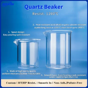 Two quartz beakers of different sizes detailing key features: easy-pouring spout, made of high-purity, durable quartz, and a smooth, crack-resistant base for even heating.