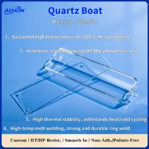 A clear quartz boat showcasing its key properties: sustained high temperature resistance (1200°C for metal smelting), acid/base resistance (except HF/hot phosphoric acid), high thermal stability, and strong melt welding for the ring weld.