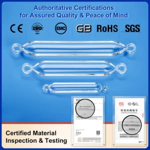 Three clear double-ear quartz boats of different sizes with authoritative certifications for quality assurance (CE, ISO 9001, EMC, GB, RoHS, SGS), accompanied by certified material inspection and test reports.
