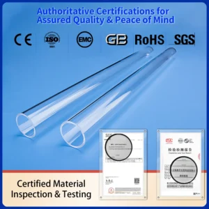 Authoritative certifications (CE, ISO 9001, EMC, GB, RoHS, SGS) for quartz glass sleeves, ensuring assured quality through certified material inspection and testing.