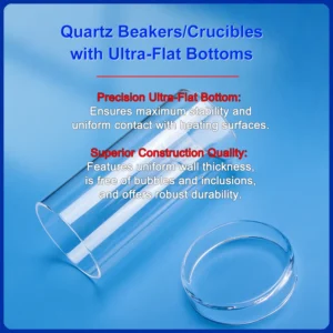 A clear quartz beaker tipped over to display its precision ultra-flat bottom, which ensures stability and uniform contact with heating surfaces.