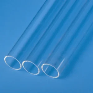 A detailed angled view of three high-purity quartz tubes, emphasizing their clear, smooth surface and uniform diameter.