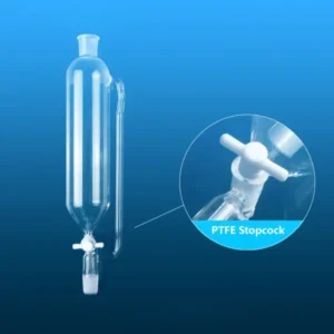 An upright quartz pressure-equalizing dropping funnel with a magnified inset showing the detailed white PTFE stopcock, emphasizing its material.