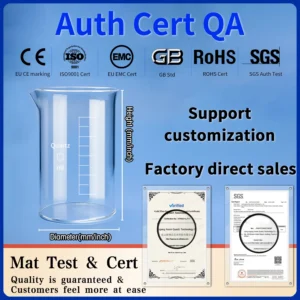A graduated quartz beaker with height and diameter indicators, displayed with authoritative certifications including CE, ISO 9001, EMC, GB, RoHS, and SGS for quality assurance and material testing.