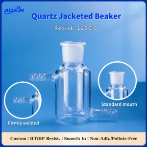 Quartz Jacketed Beaker | Fused Silica Double Wall Reactor 7 A close-up of a quartz jacketed beaker highlighting its 1200°C resistance, firmly welded jacket, and standard mouth, emphasizing its non-adhesive and pollutant-free properties.