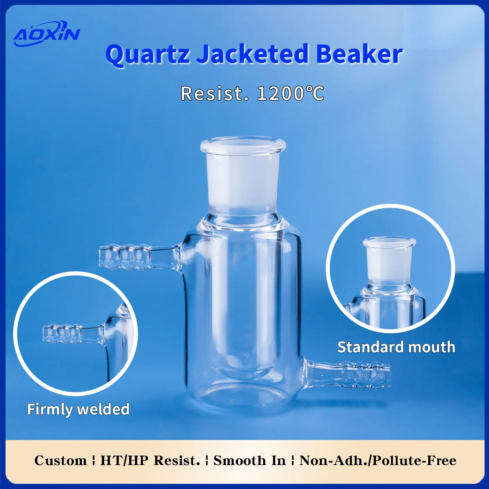 Quartz Jacketed Beaker | Fused Silica Double Wall Reactor 3 A close-up of a quartz jacketed beaker highlighting its 1200°C resistance, firmly welded jacket, and standard mouth, emphasizing its non-adhesive and pollutant-free properties.