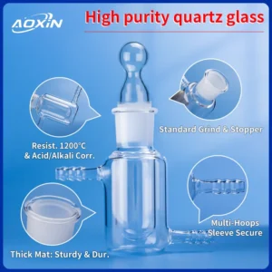 Quartz Jacketed Beaker | Fused Silica Double Wall Reactor 8 A quartz jacketed beaker with a glass stopper, surrounded by callouts illustrating its high purity, 1200°C heat and acid/alkali resistance, standard grind & stopper, thick and sturdy material, and secure multi-hoops sleeve.