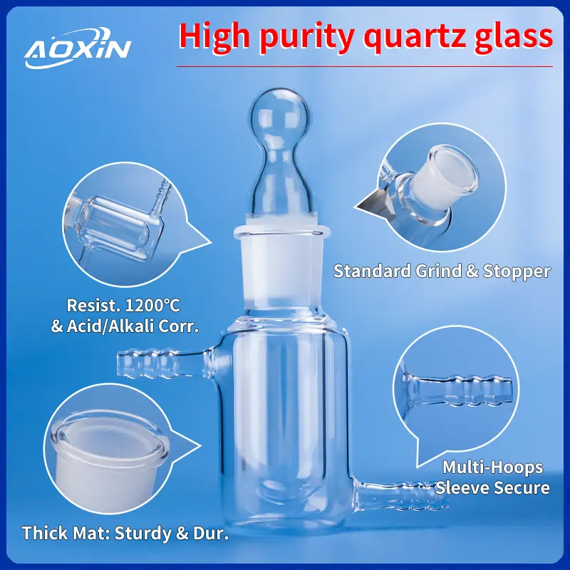 Quartz Jacketed Beaker | Fused Silica Double Wall Reactor 4 A quartz jacketed beaker with a glass stopper, surrounded by callouts illustrating its high purity, 1200°C heat and acid/alkali resistance, standard grind & stopper, thick and sturdy material, and secure multi-hoops sleeve.