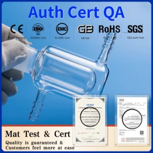 Quartz Jacketed Beaker | Fused Silica Double Wall Reactor 9 A quartz jacketed beaker displayed in an angled view, accompanied by various authoritative quality assurance certifications (CE, ISO9001, EMC, GB, RoHS, SGS), ensuring material quality and customer confidence.