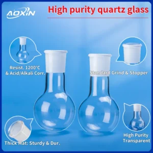 Two high-purity quartz single-necked flasks, illustrating their thick, sturdy material, standard ground joint, and transparent high-purity quartz glass.