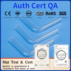 Three L-shaped quartz laboratory conduits displayed above quality assurance certifications (CE, ISO9001, EMC, GB, RoHS, SGS), indicating material testing and quality.