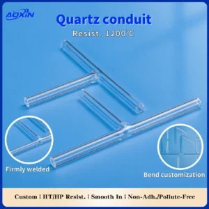 Two T-shaped quartz conduits emphasizing firmly welded joints and bend customization options, with a banner noting 1200°C resistance.