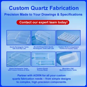An infographic detailing custom quartz fabrication capabilities, including rectangular tanks with anti-slip lids, bonded/assembled tanks, multi-compartment partitioned tanks, grooved tanks, process boats, and monolithic CNC machined quartz tanks/containers.