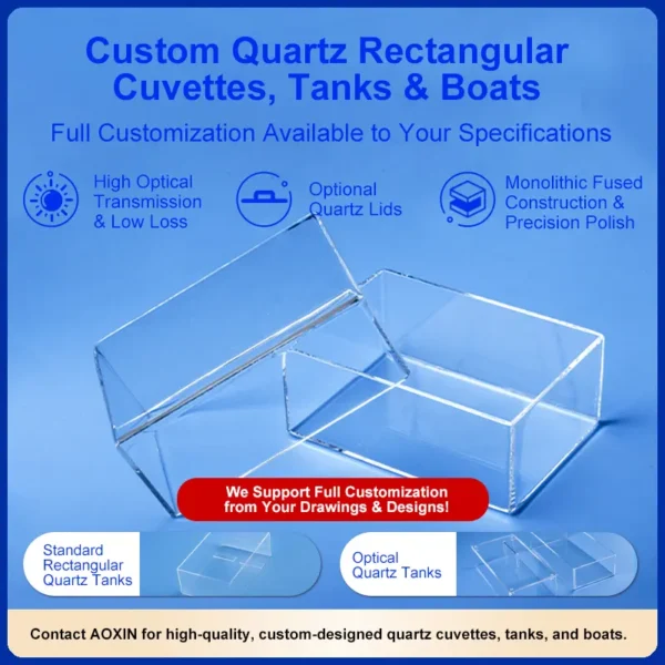 Custom quartz rectangular cuvettes, tanks, and boats displayed, highlighting features like high optical transmission, optional quartz lids, and monolithic fused construction with a precision polish.