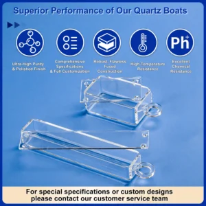 Two high-purity quartz rectangular boats, showcasing their smooth polished surfaces and securely fused handles/lugs, designed for tube furnaces.