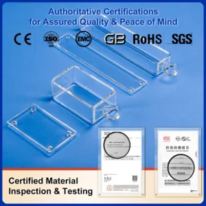 A collection of clear quartz rectangular boats and their matching lids, displayed alongside authoritative certifications including CE, ISO 9001, EMC, GB, RoHS, and SGS, confirming certified material inspection and testing.