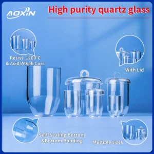 High-purity quartz glass crucibles in multiple sizes, some with lids, showcasing options for self-sealing bottom and bottom bonding.