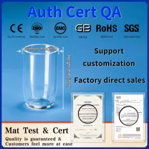 A single quartz glass crucible with diameter and height measurements indicated, accompanied by quality certifications including CE, ISO 9001, EMC, GB, RoHS, and SGS, confirming customization support and factory direct sales.
