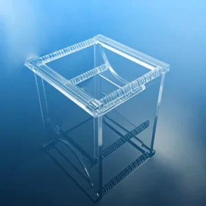 A clear quartz wafer carrier showcasing its precise internal structure and robust design, designed for semiconductor wafer handling on a blue backdrop.