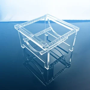 A close-up view of a quartz wafer rack, highlighting the smooth, clean finish of the fused silica material and its geometric construction for wafer support.