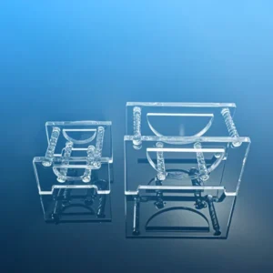 Two clear quartz wafer carriers of different sizes, demonstrating the product's scalability and suitability for various wafer dimensions in semiconductor processing.