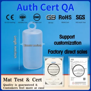 Frosted quartz furnace plug with annotated dimensions (length, diameter), highlighting support for customization, factory direct sales, and quality certifications including CE, ISO9001, EMC, GB, RoHS, and SGS.