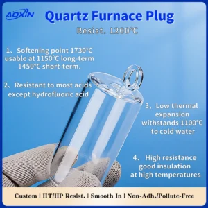 Close-up of a clear quartz furnace plug held by a gloved hand, detailing its properties: softening point 1730°C (usable at 1150°C long-term, 1450°C short-term), resistance to most acids (except hydrofluoric acid), low thermal expansion (withstands 1100°C to cold water), and high resistance/good insulation at high temperatures.