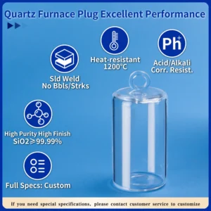 Visual representation of Quartz Furnace Plug excellent performance features: solid weld with no bubbles or streaks, heat resistance up to 1200°C, acid/alkali corrosion resistance, high purity (SiO2 ≥ 99.99%), and availability in full custom specifications.