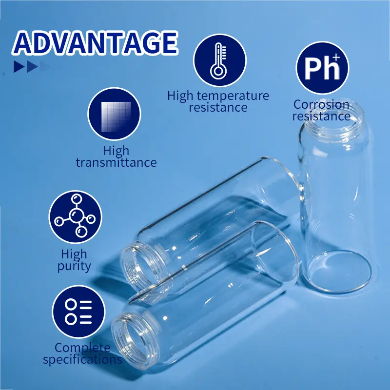Quartz Threaded Bottles | Fused Silica Screw Top Vials 2 Two transparent quartz glass tubes with threads, highlighting their high-purity quartz material (SiO2 ≥ 99.99%).
