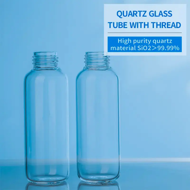 Quartz Threaded Bottles | Fused Silica Screw Top Vials 3 Three quartz threaded bottles displaying their key advantages: high temperature resistance, corrosion resistance, high transmittance, high purity, and complete specifications.