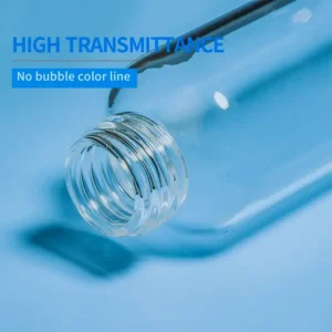 Quartz Threaded Bottles | Fused Silica Screw Top Vials 7 A quartz threaded bottle held in a gloved hand, accompanied by certifications (CE, ISO9001, EMC, GB, RoHS, SGS), signifying certified quality and material assurance.