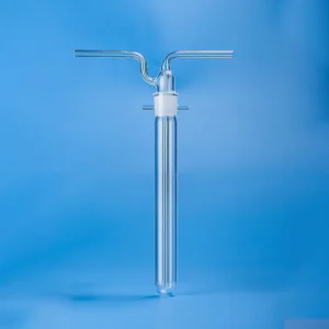 Clear quartz reaction tube with a main body and a two-pronged branch tube, featuring a ground glass joint.