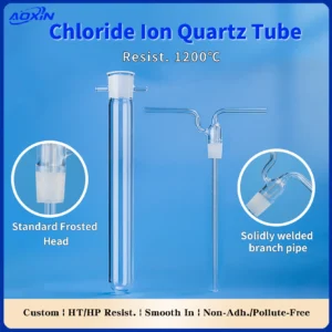 Diagram showing a "Chloride Ion Quartz Tube" with features highlighted: Standard Frosted Head and Solidly welded branch pipe, resistant to 1200°C.