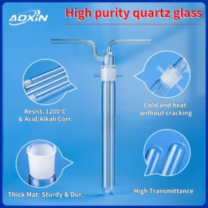 High purity quartz glass tube showing features like 1200°C heat resistance, acid/alkali corrosion resistance, cold and heat resistance without cracking, thick material for sturdiness, and high transmittance.