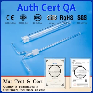 Quartz tube components including the main body and the branched reaction tube, displayed with authenticity and quality assurance certifications (CE, ISO9001, EMC, GB Std, RoHS, SGS).